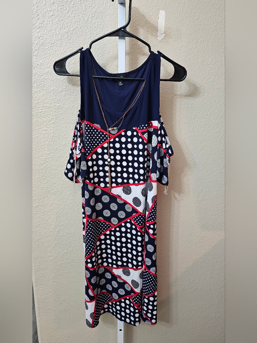 Naif Navy Polka Dot Cold-Shoulder Maxi Dress with Red Accents XL